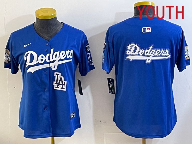Youth  Los Angeles Dodgers blank 2024 World series patch blue jersey 202411294->youth mlb jersey->Youth Jersey